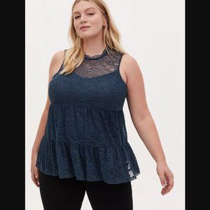 TORRID NAVY LACE MOCK NECK SHIRRED HEM SLEEVELESS TOP
